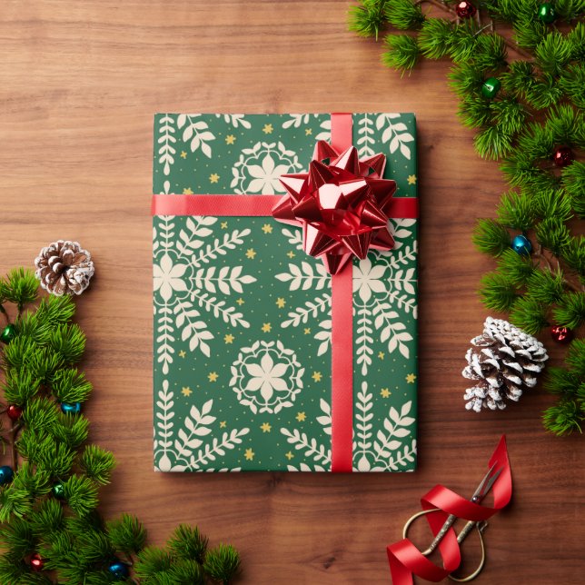 Papel De Regalo Elegantes Navidades verdes de copos de nieve envue (Regalo de vacaciones)