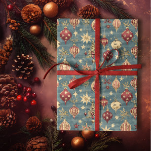 Papel De Regalo Elegantes Ornamentos Vintage de Navidad Rojo y Cre