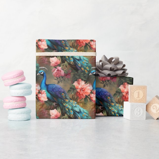 Papel De Regalo Elegantes pavos reales y flores - (Baby Shower)
