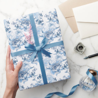Papel De Regalo Elegantes Peonies con grabado azul y blanco