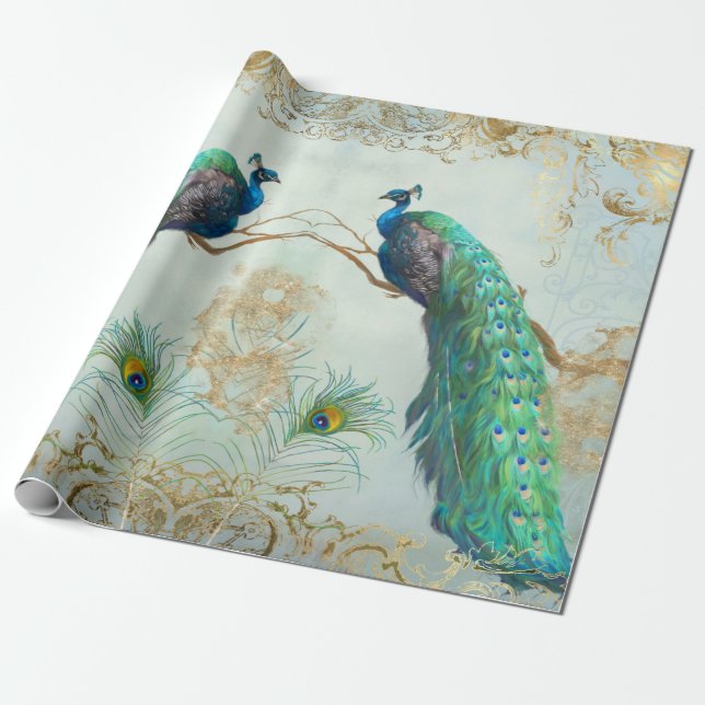 Papel De Regalo Elegantes plumas de pavo real con manga azul de or (Desenrollado)