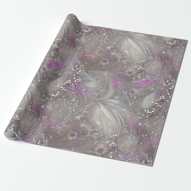 Papel De Regalo Elegantes plumas de perla gris morada (Desenrollado)