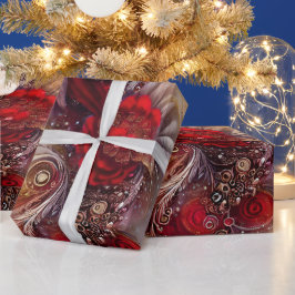 Papel De Regalo Elegantes plumas doradas de flores rojas con rosca