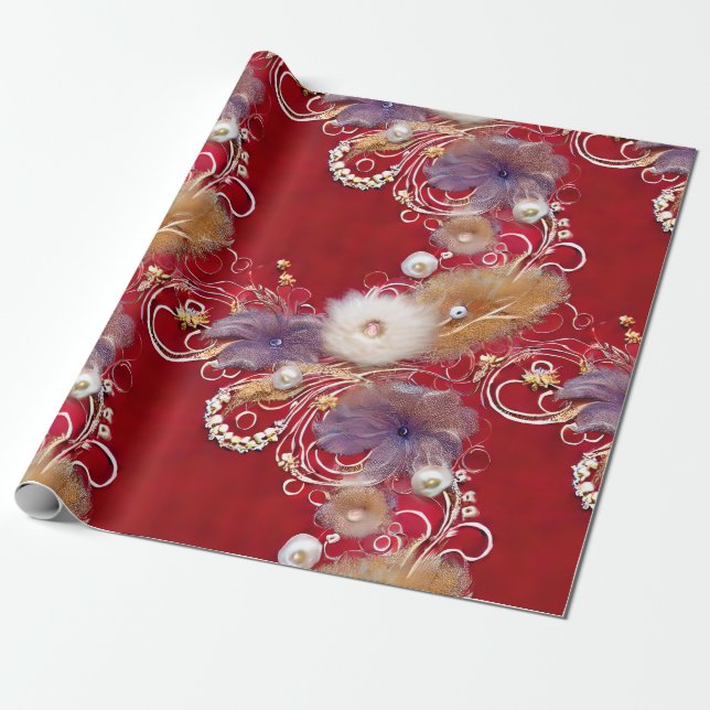 Papel De Regalo Elegantes plumas rojas de plata doradas Perla Bead (Desenrollado)