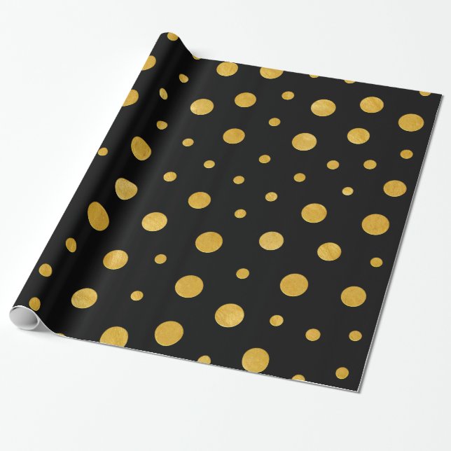 Papel De Regalo Elegantes puntos de polka - Oro Negro (Desenrollado)