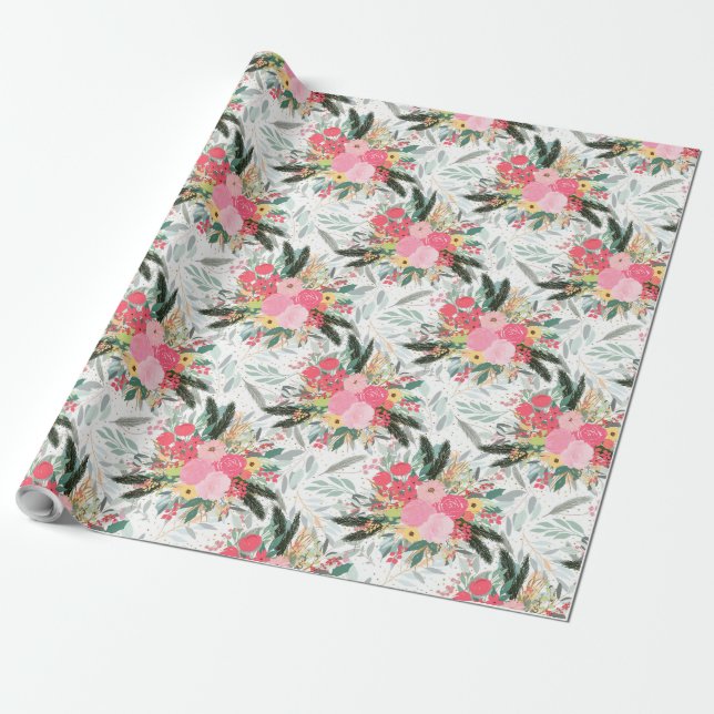 Papel De Regalo Elegantes Purpurinas blancos florales y dorados (Desenrollado)