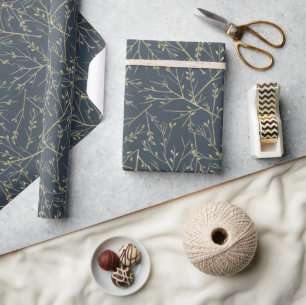 Papel De Regalo Elegantes ramas doradas y azul marino