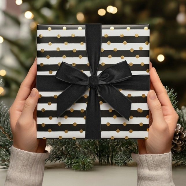 Papel De Regalo Elegantes rayas de oro negro y puntos Navidades re (Elegant Black Gold Stripes & Dots Christmas Gift Wrapping Paper)