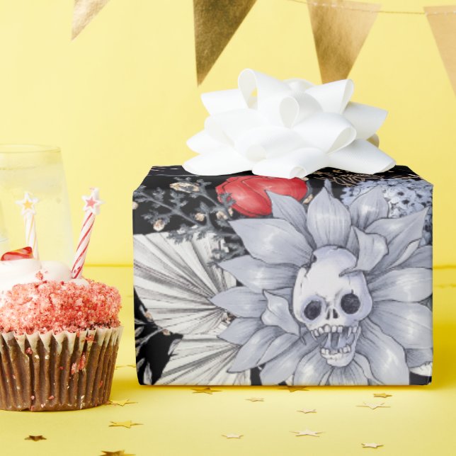 Papel De Regalo Elegantes Rosas del cráneo Coffin Plata Negro (Fiesta de cumpleaños )