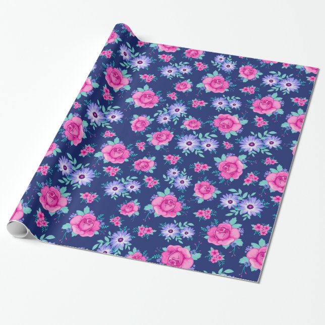 Papel De Regalo Elegantes Rosas Floral Pink Púrpura Azul Patrón (Desenrollado)