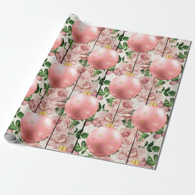 Papel De Regalo Elegantes rosas Navidades de oro con estampado flo (Desenrollado)