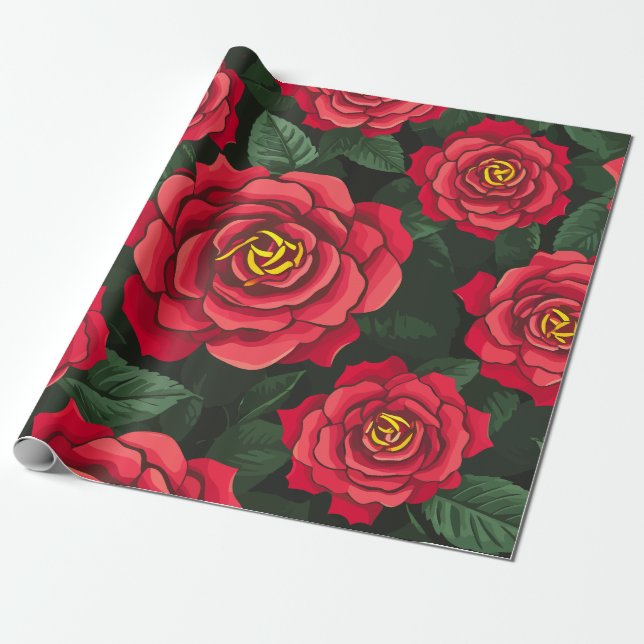 Papel De Regalo Elegantes rosas rojas con un patrón de hojas verde (Desenrollado)