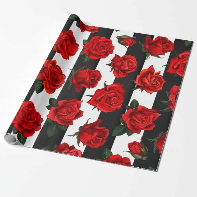 Papel De Regalo  Elegantes rosas rojas en franjas blancas y negras (Desenrollado)
