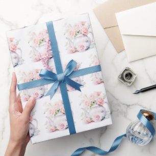 Papel De Regalo Elegantes rosas rosadas de tetera vintage