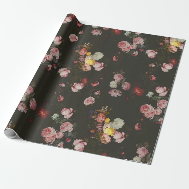 Papel De Regalo Elegantes rosas rosadas florales holandesas ricas  (Desenrollado)