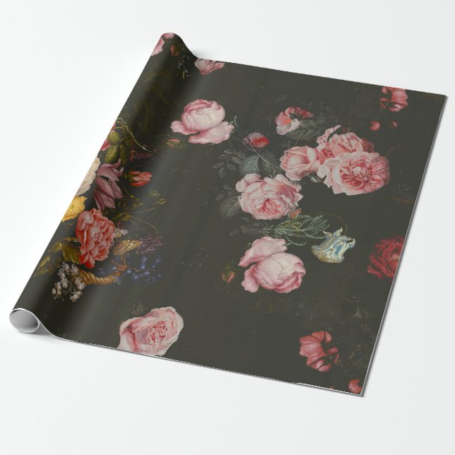 Papel De Regalo Elegantes rosas rosadas florales holandesas ricas  (Desenrollado)