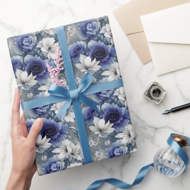 Papel De Regalo Elegantes rosas y azules y lirios (Regalar)