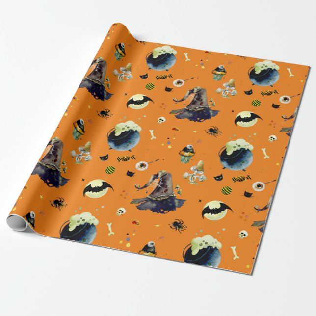 Papel De Regalo Elementos de Halloween sobre Naranja (Desenrollado)