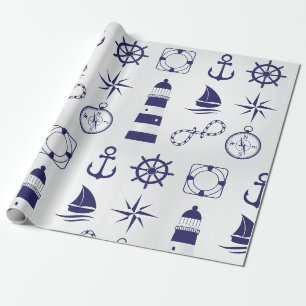 Papel De Regalo Elementos Marinos Náuticos Azul Marino Iconos Cost