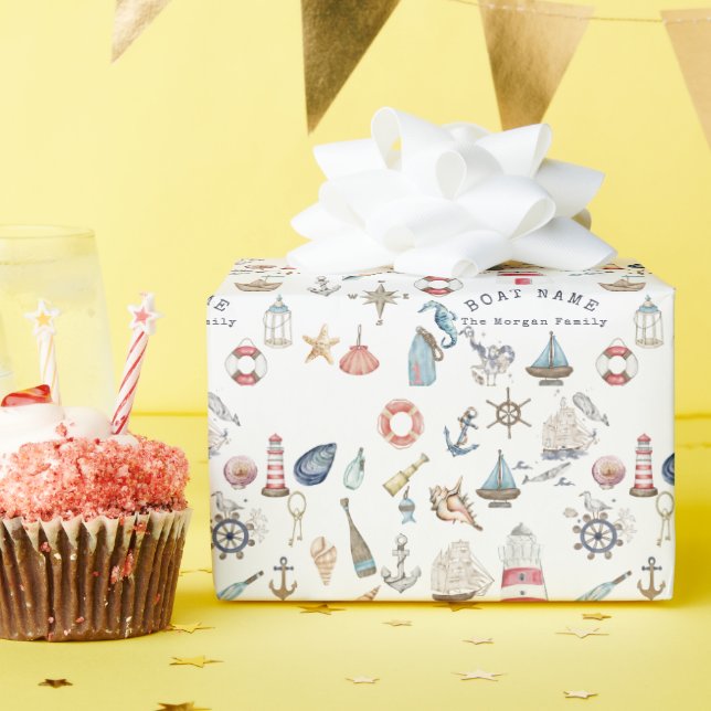 Papel De Regalo Elementos Náuticos Acuarela Marinero (Fiesta de cumpleaños )