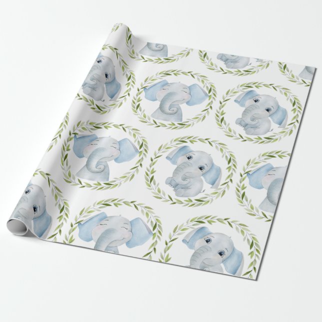 Papel De Regalo Elephant Blue Boy Baby Shower (Desenrollado)