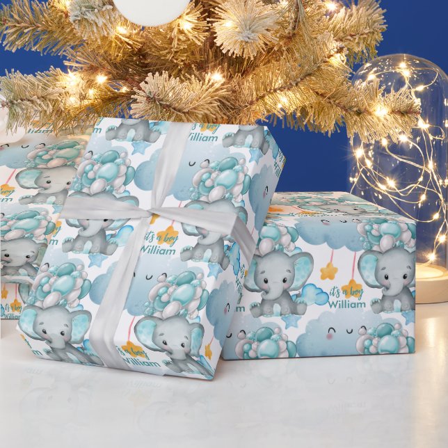 Papel De Regalo Elephant Boy Blue Ballon Nursery Baby Shower (Vacaciones)
