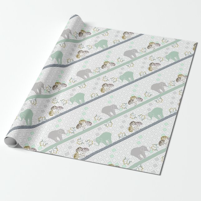Papel De Regalo Elephant Safari Green | BABY SHOWER (Desenrollado)