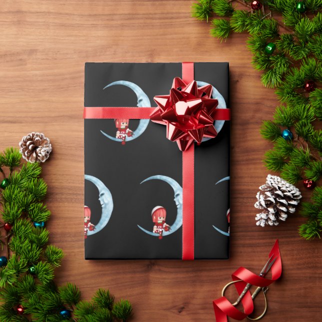 Papel De Regalo Elf Chica lindo sentada en la luna de Navidades ne (Regalo de vacaciones)