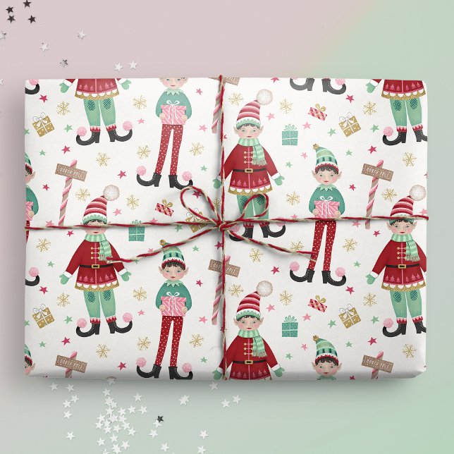 Papel De Regalo Elf de Navidades ilustrados y cortos (Christmas Elf wrapping paper mockup)