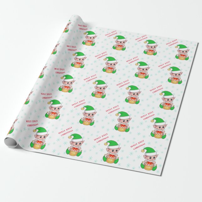 Papel De Regalo Elf y Snowflakes Navidades Cuidados (Desenrollado)