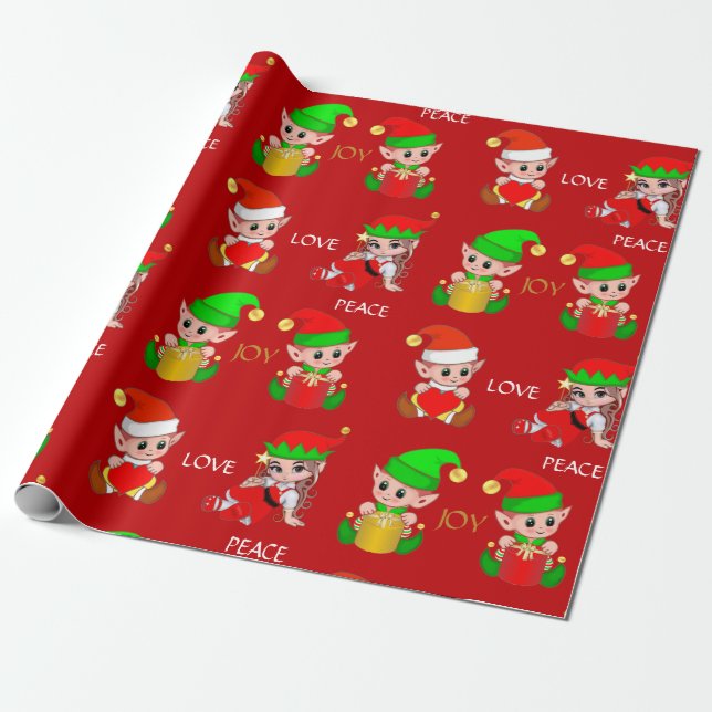 Papel De Regalo Elfos de Navidad Lindos en Rojo (Desenrollado)