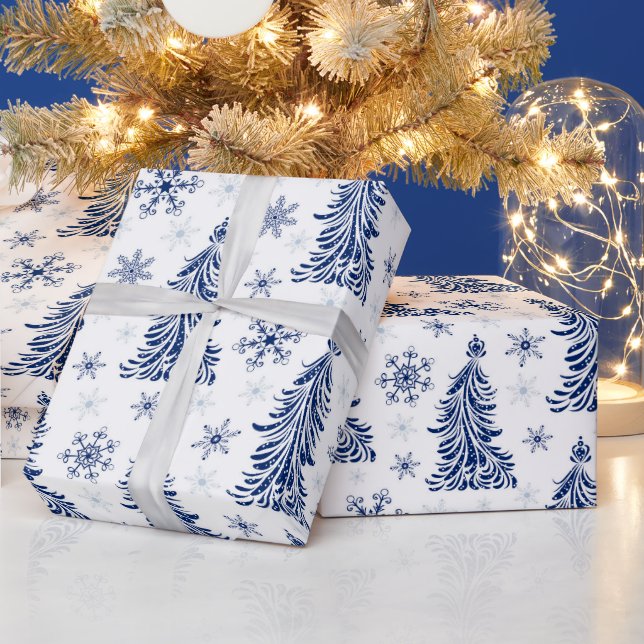Papel De Regalo Embalaje de árbol azul y copos de nieve (Vacaciones)