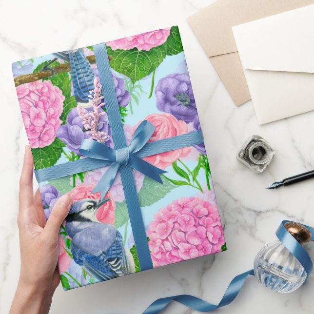 Papel De Regalo Embalaje de la acuarela azul y flores (Regalar)