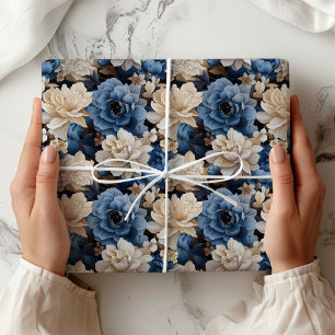 Papel De Regalo Embalaje de regalo elegante floral blanco azul mar