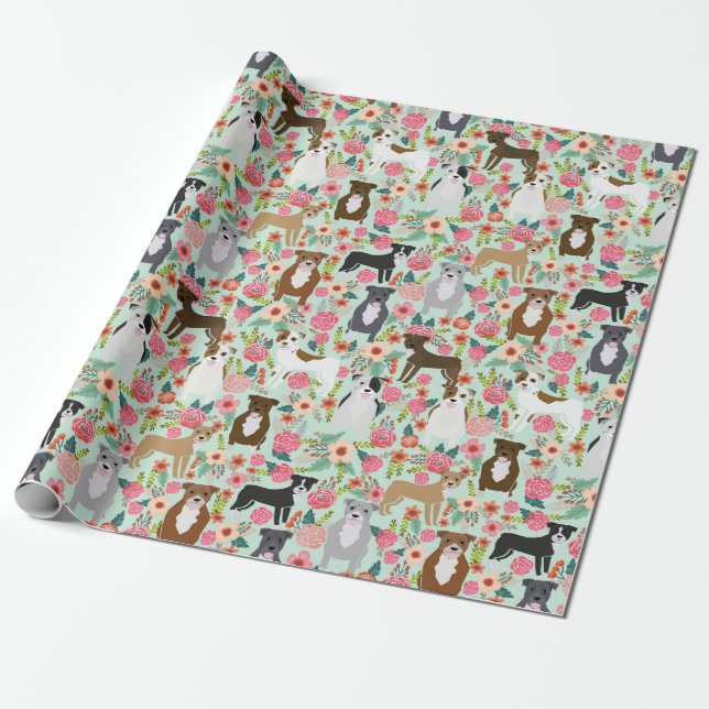 Papel De Regalo Embalaje Pitbull Floral Gift - envoltura de regalo (Desenrollado)