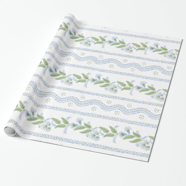 Papel De Regalo Emma Stripe Cornflower Azul y Verde (Desenrollado)