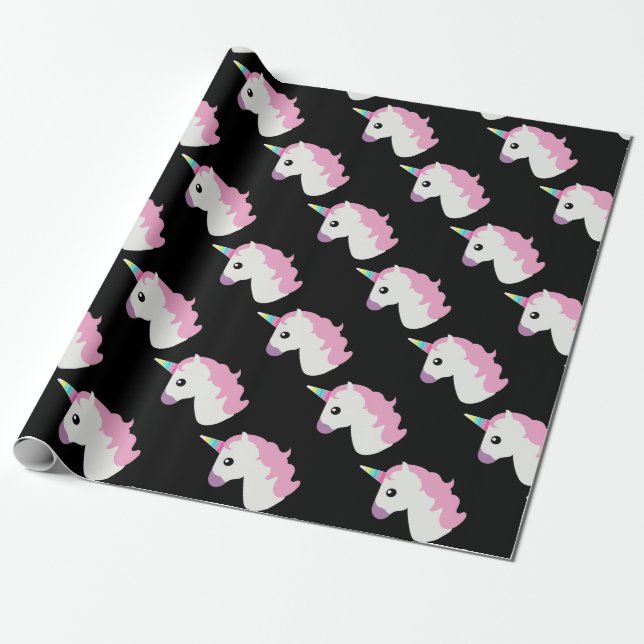 Papel De Regalo Emoji del unicornio (fondo negro) (Desenrollado)
