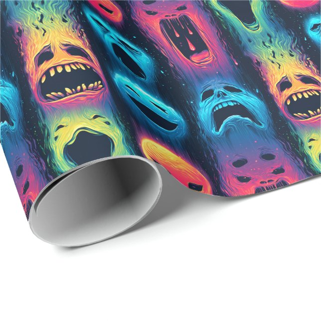 Papel De Regalo Emoji fantasma Glow - Caras de Neon Spirit Haunted (Esquina del rollo)