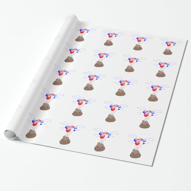 Papel De Regalo Emoji Poo Volando Con Globos (Desenrollado)