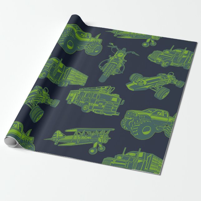 Papel De Regalo En Go Blue & Green Moving Vehicles Cars Boys (Desenrollado)