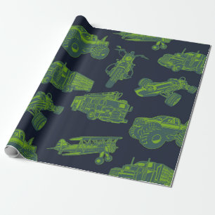Papel De Regalo En movimiento azul y verde Vehículos en movimiento