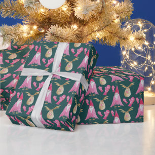 Papel De Regalo Enanos y renos de Navidad con guantes rosados