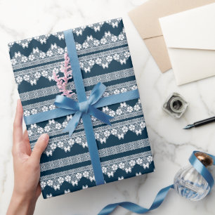 Papel De Regalo Encaje blanco retro con mariposas en una b azul os