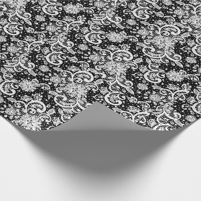 Papel De Regalo Encaje Blanco sobre Negro  (Esquina)