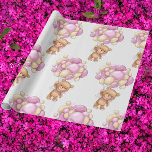 Papel De Regalo Encantador Oso de Peluche Globo Rosa Acuarela Niña