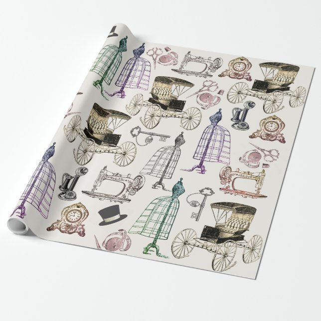 Papel De Regalo Encantador Patrón Antiguo de Carruaje Moderno Vint (Desenrollado)