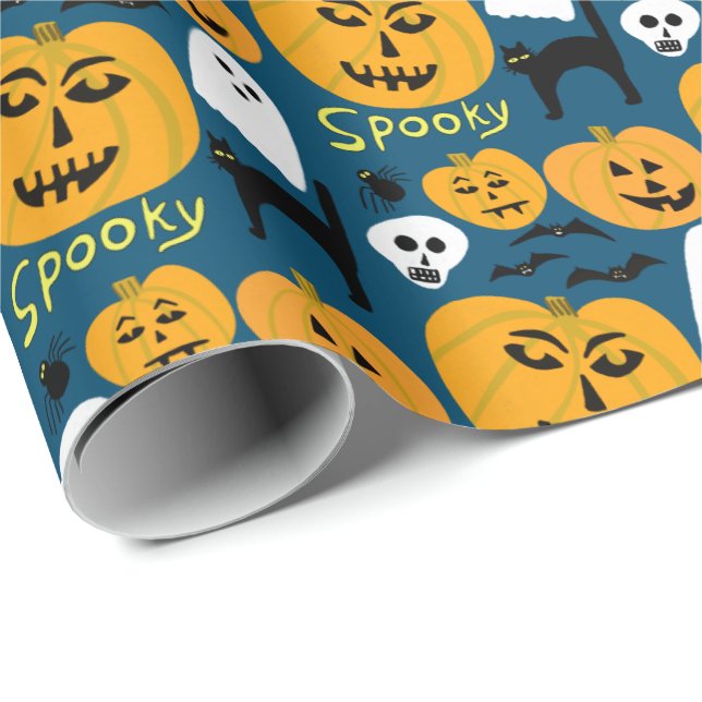 Papel De Regalo Encantadoras calabazas de Halloween Fantasma (Esquina del rollo)