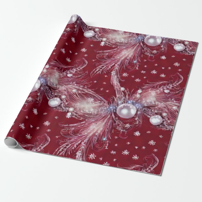 Papel De Regalo Encanto de Perla Rojo y Blanco con Pies de Pájaros (Desenrollado)