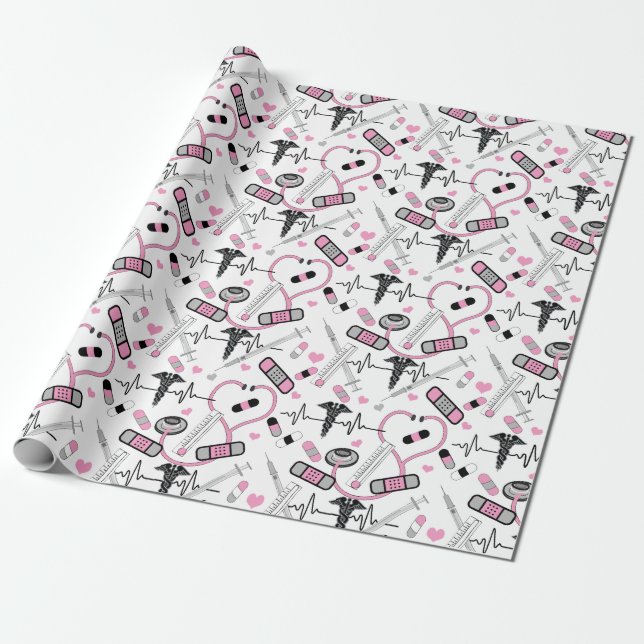 Papel De Regalo Enfermera de estetoscopio rosa| Modelo EKG Médica (Desenrollado)