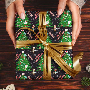 Papel De Regalo Enfermera Feliz Navidad Árbol Reno Enfermera Lindo